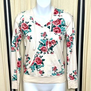 GEF FRANCE- OFF WHITE FLORAL ROSE LIGHTWEIGHT PULLOVER HOODIE SIZE SMALL
